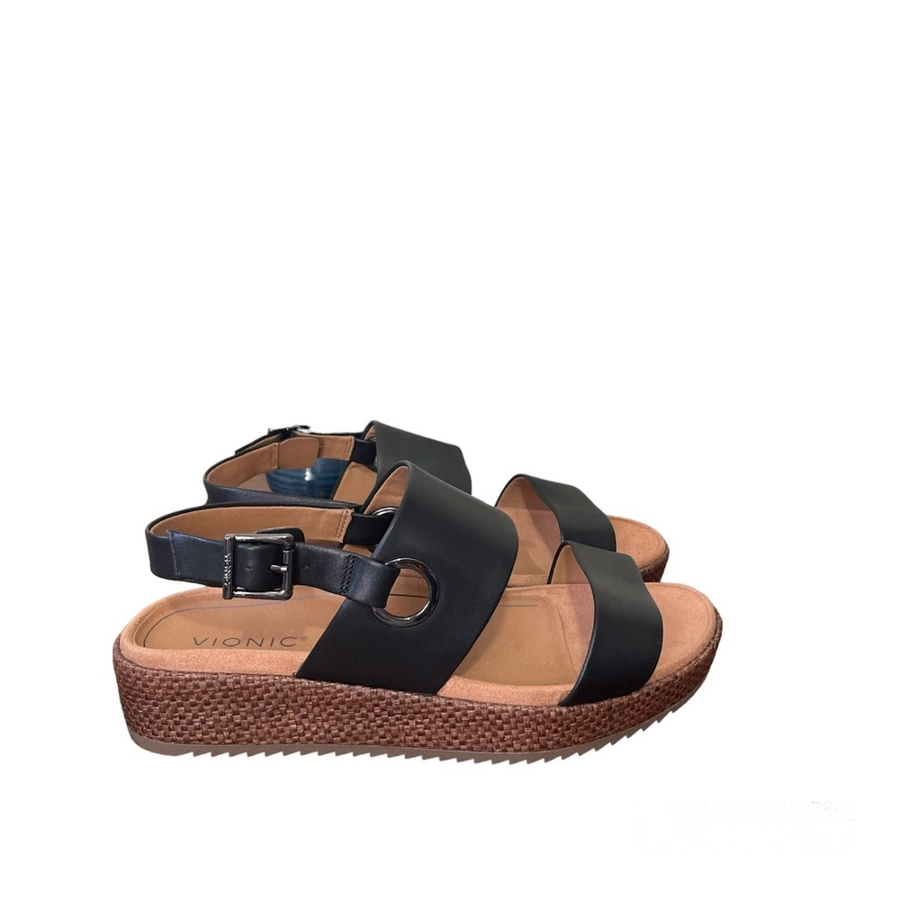 Vionic Women's 9.5 Louise Raffia Platform Sandals in black. Buckled sling back.